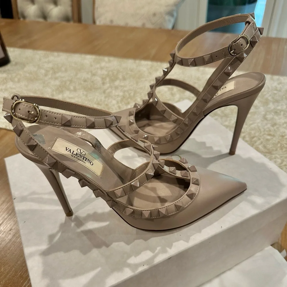 Valentino Rockstud Pointed Toe T-Strap Heels in Nude